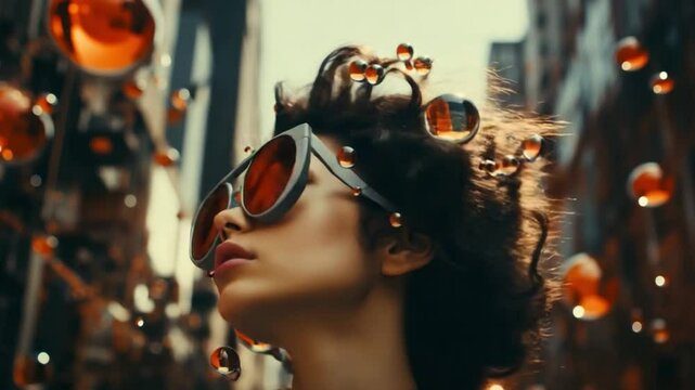 In a lively city atmosphere, a person with stylish sunglasses gazes thoughtfully, surrounded by floating orange bubbles