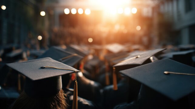Graduation Ceremony With Caps in Evening Light, Representing Academic Achievement and Future Success for Students : Generative AI