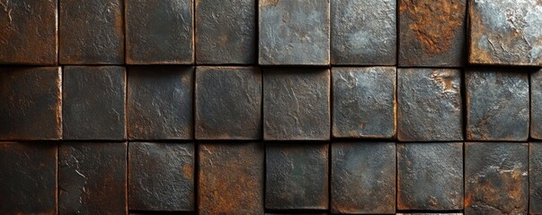 Textured surface of metal tiles in dark hues