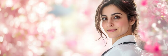 Beautiful Woman with Brown Hair and Hazel Eyes Smiles Against a Dreamy, Pink Floral Background