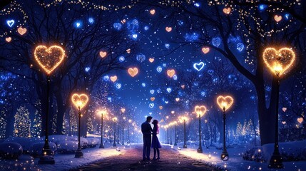 Obraz premium Romantic Couple Embraces In A Magical Winter Heartlit Park