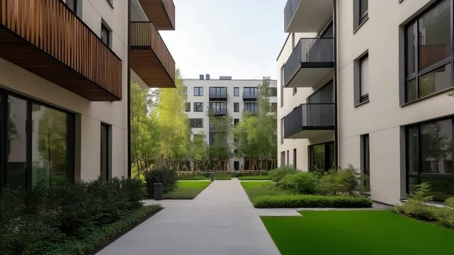 A walkway in a building with a green lawn. The walkway is surrounded by trees and bushes