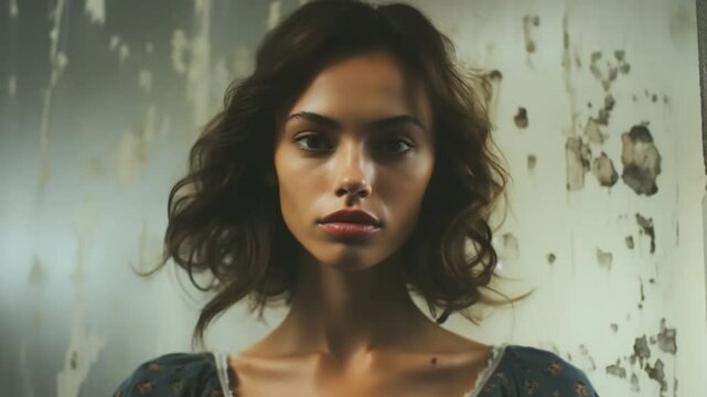 A striking moment unfolds as a young woman stands against a weathered wall, embodying grace and allure with her intense gaze and effortless style, revealing raw emotion and beauty