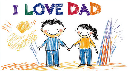 Simple and cute children's drawing with colored chalk on white paper: "I LOVE DAD" text above a father-daughter hand-holding scene, isolated on a shadowless white background with a realistic color pal