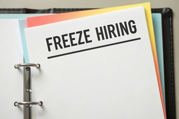 Recession Risk Management Freeze hiring notice on a binder page with colorful tabs.