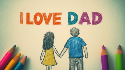 "I LOVE DAD" hand-drawn in colorful chalk on white paper by a child, showcasing a naive drawing of a father and daughter holding hands in a happy, clipart-like style, isolated on a plain white backgro