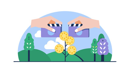 Fototapeta premium Hands holding clapperboards above a money tree in a landscape with hills and trees under a cloudy sky