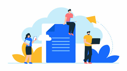 Illustration of people using devices around a large document with cloud background and floral elements