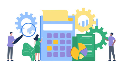 Illustration of people analyzing data with calculator gears and charts for business insights and growth