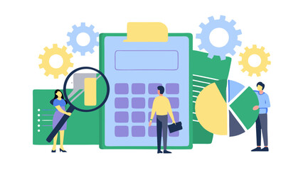 Illustration of business analysis with people, calculator, chart, magnifying glass and gears depicted