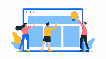 Illustration of three people working on a website design with a lightbulb representing an idea