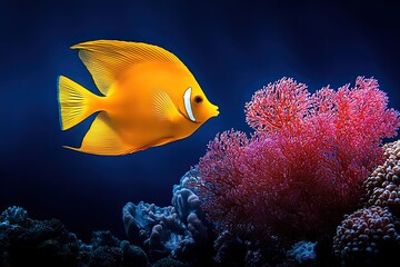 Obraz premium Golden Angelfish Swims Near Vibrant Coral Reef