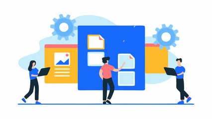 Illustration depicting two people with laptops and one person interacting with a file management interface