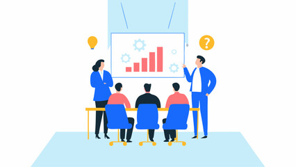 People in a meeting discussing a chart with rising bars and gears on a screen with lightbulbs around it