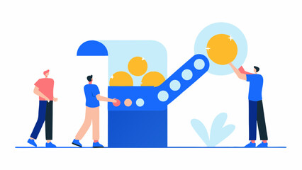 Illustration of three people interacting with a blue machine dispensing large yellow coins in a light setting