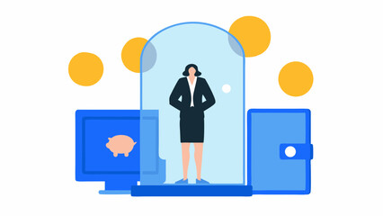 Illustration of a businesswoman standing inside a protective dome with financial icons around her design is flat