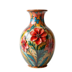 centered against a stark black backdrop, a decorative vase is presented. the vase exhibits a bulbous body that tapers gracefully to a narrow neck and flared lip