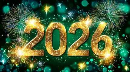 New Year Eve 2026 With Fireworks. Background Sparkling Glitter Gold Number Holiday Abstract