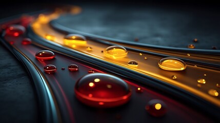 Abstract Liquid Drops with Glowing Trails, and Dark Background.