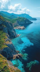 Mediterranean Coastal Paradise: A Breathtaking Aerial View of Turquoise Waters and Rugged Cliffs