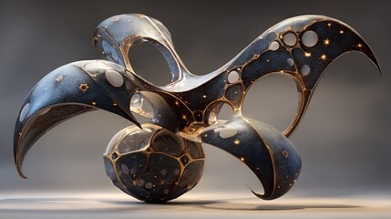 Abstract Metal Sculpture with 3D Render, Gold, and Blue.