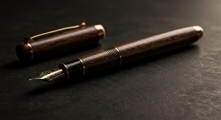 Elegant wooden fountain pen with golden accents on a textured surface