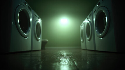 Laundry room with washing machines in foggy light