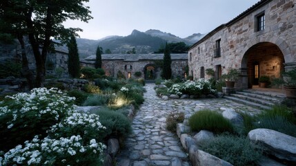 Obraz premium A serene stone pathway leads through a garden filled with white flowers. Rustic buildings and mountains are visible in the background during twilight.