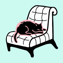 Black Cat Sleeping in a White Armchair