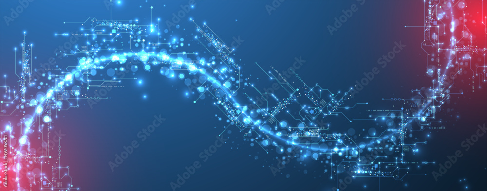 Leinwandbilder Digital circuit visualization vector background.  Neon glowing board pattern with interconnected lines, nodes, and binary code.