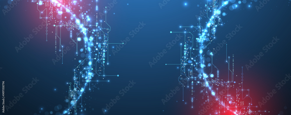 Aufkleber Digital circuit visualization vector background.  Neon glowing board pattern with interconnected lines, nodes, and binary code.