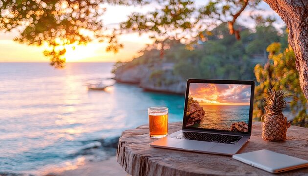 Laptop Beach Sunset Tropical Drink Relaxation - Powered by Adobe