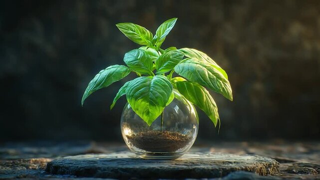 Basil plant in glass sphere