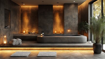 Dark-toned designer bathroom with mood lighting and large soaking tub on stone platform  