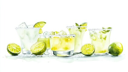 Fototapeta premium Watercolor illustration of various cocktails, likely margaritas, garnished with lime slices and mint