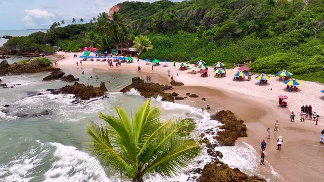Tambaba Beach In Conde Paraiba Brazil. Turquoise Ocean Waves Gently Crashing On Tropical Beach. Holiday Landscape Grateful Vibrant. Holiday Watercolor Coast. Conde Paraiba.