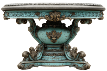 Ornate antique baroque console table with verdigris patina finish, turquoise green bronze scrollwork, carved decorative pedestal base, transparent. 