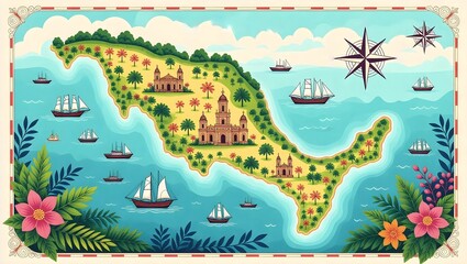 Fototapeta premium Colorful Vintage Map of an Island Paradise with Ships
