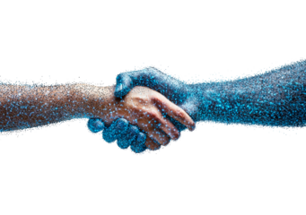 Handshake with connected blue digital dots isolated on transparent background