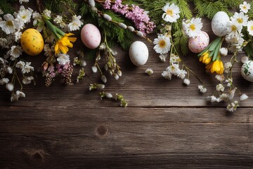 Obraz premium Colorful Eggs and Vibrant Flowers Create a Charming Springtime Arrangement Generative AI