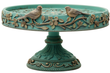 Verdigris patina bird bath with bronze songbirds classical pedestal base and turquoise weathered copper finish, transparent.