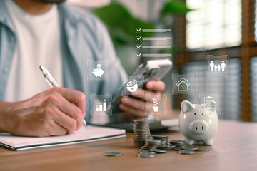 Personal finance budgeting with mobile app and checklist. Modern concept of tracking income, expenses, savings, and investments using smartphone, notes, piggy bank, and financial icons.
