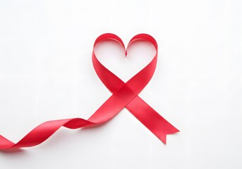 Red Ribbon Heart on White Background - Symbol of Love, Charity, Health, Awareness, Support, Hope, Celebration.