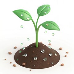 Fresh seedling in soil mound with water droplets symbolizing growth, nurture, and green renewal
