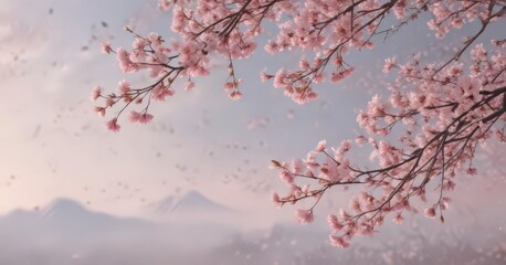Soft pink sakura petals descend against a muted pastel sky ,  bloom,  romantic
