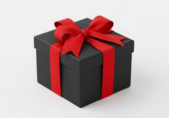 Obraz premium Black Gift Box with Red Ribbon Bow, Present, Celebration, Holiday, Wrapped Package, Surprise on White Background.