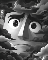 Conceptual vector of anxiety storm clouds and lightning, symbolizing the emotional turbulence and intensity of anxious thoughts
