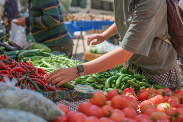 Young woman choosing fresh organic vegetables at a local market. Concept of eco lifestyle,...