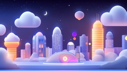 A futuristic city at night illuminated among clouds and stars