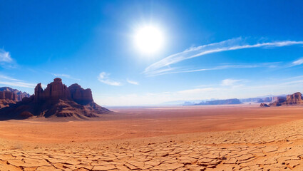 A wide desert landscape with cracked earth, rock formations, bright sun, and clear blue sky above it all created with generated ai